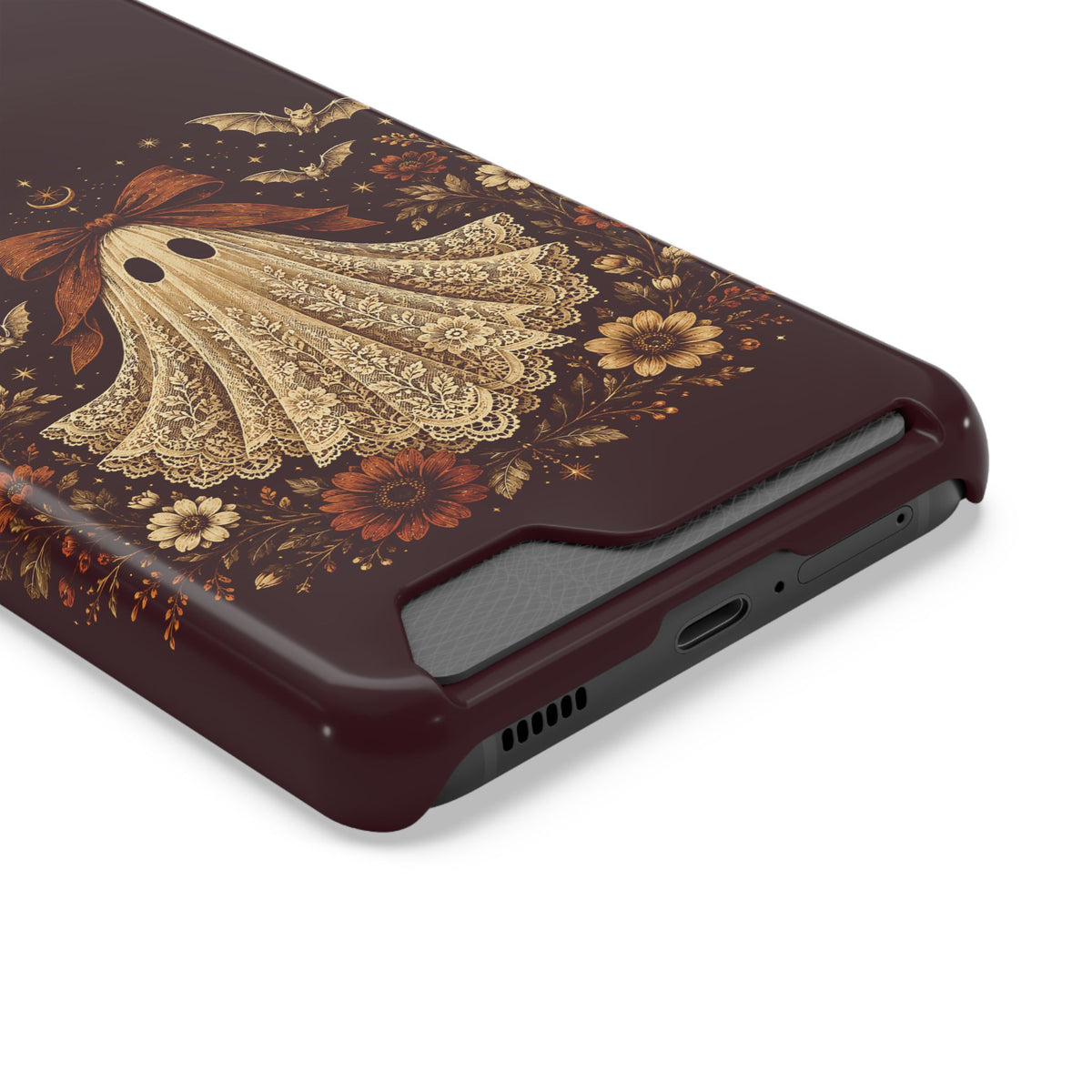 Coquette ghost phone case with card holder, cream lace print ghost on burgundy