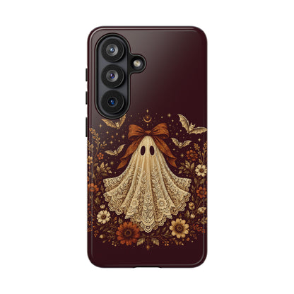Coquette ghost tough phone case, cream lace print ghost on burgundy