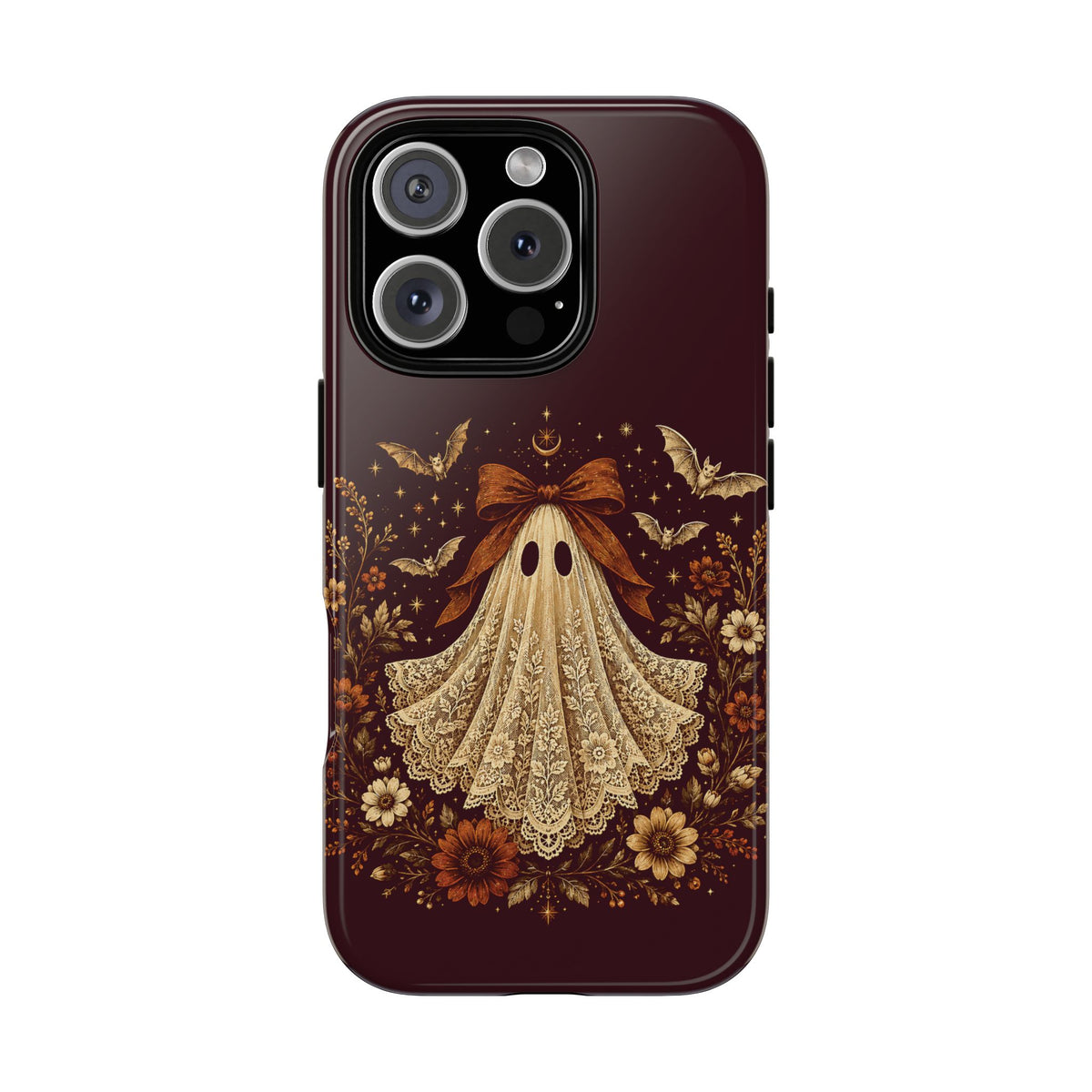Coquette ghost tough phone case, cream lace print ghost on burgundy