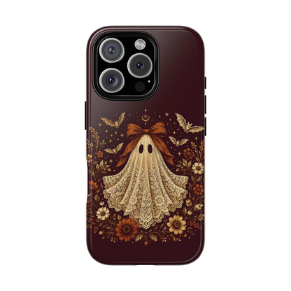 Coquette ghost tough phone case, cream lace print ghost on burgundy