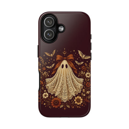 Coquette ghost tough phone case, cream lace print ghost on burgundy