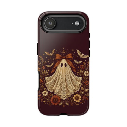Coquette ghost tough phone case, cream lace print ghost on burgundy
