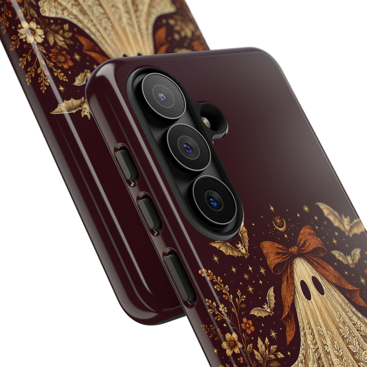 Coquette ghost tough phone case, cream lace print ghost on burgundy