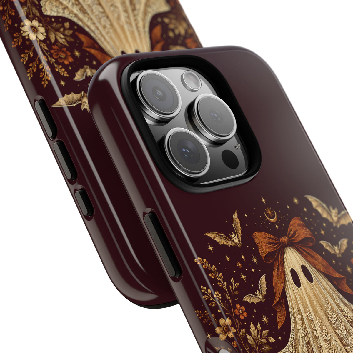 Coquette ghost tough phone case, cream lace print ghost on burgundy