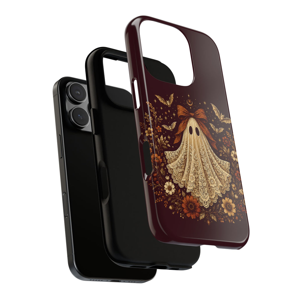 Coquette ghost tough phone case, cream lace print ghost on burgundy