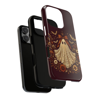 Coquette ghost tough phone case, cream lace print ghost on burgundy