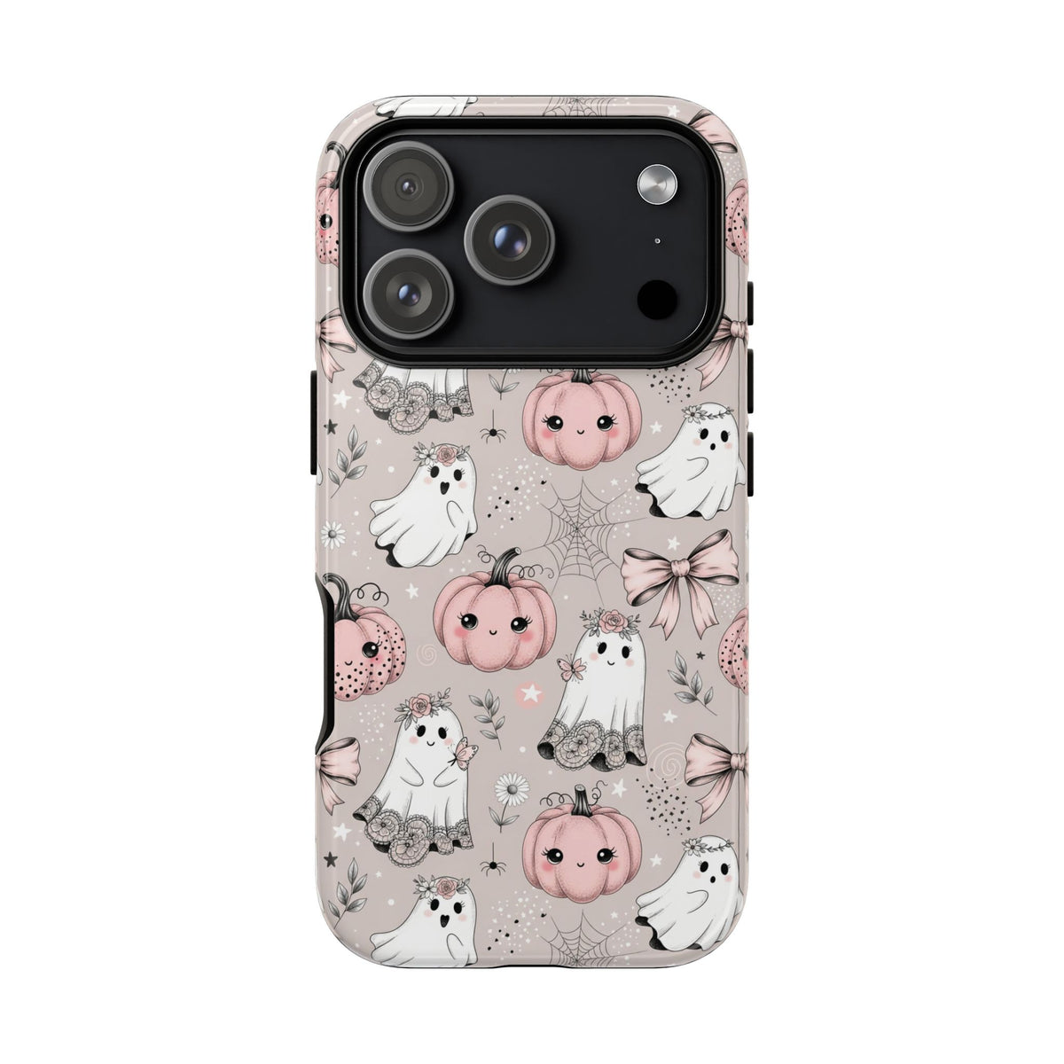 Coquette Halloween tough phone case with pastel ghosts and pink pumpkins