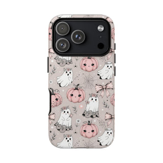 Coquette Halloween tough phone case with pastel ghosts and pink pumpkins