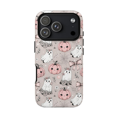 Coquette Halloween tough phone case with pastel ghosts and pink pumpkins