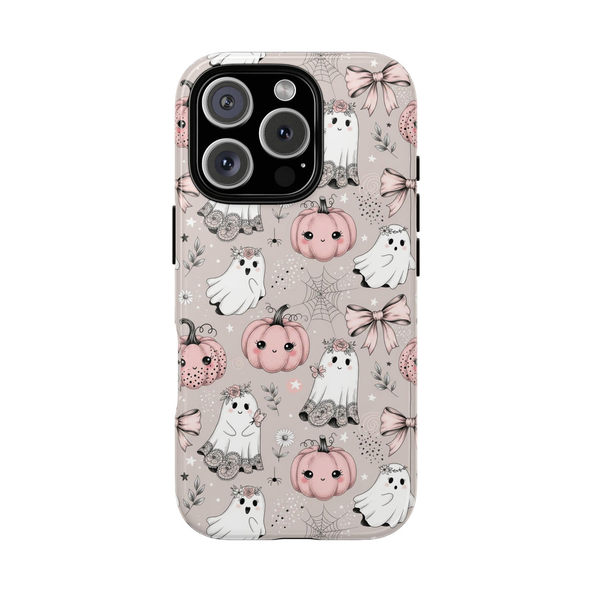 Pink pumpkin and ghost Halloween print phone case held in hand