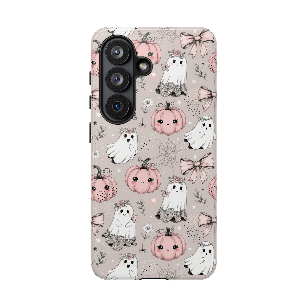 Coquette Halloween phone case back view with bows and spiderwebs