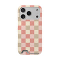 Coral checkered phone case with card holder in pink, cream and sand