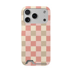 Coral checkered phone case with card holder in pink, cream and sand