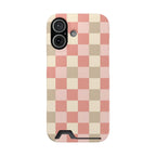 Pink and cream checkerboard phone case with card slot