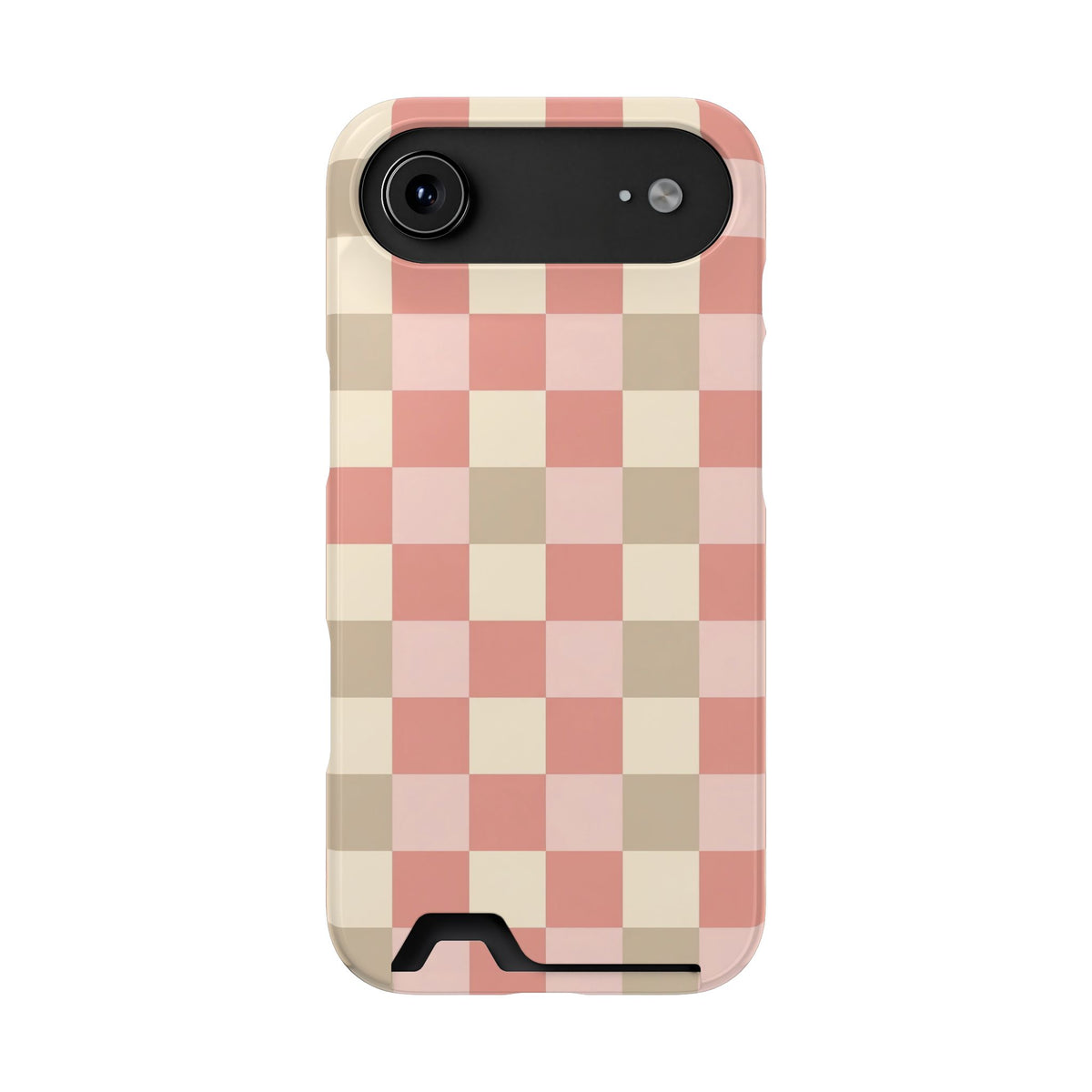 Coral checkered phone case with card holder, alternate view