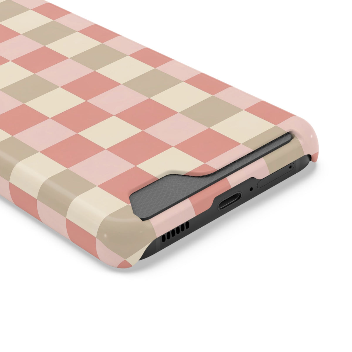 Coral checkered card holder phone case, detail of the print
