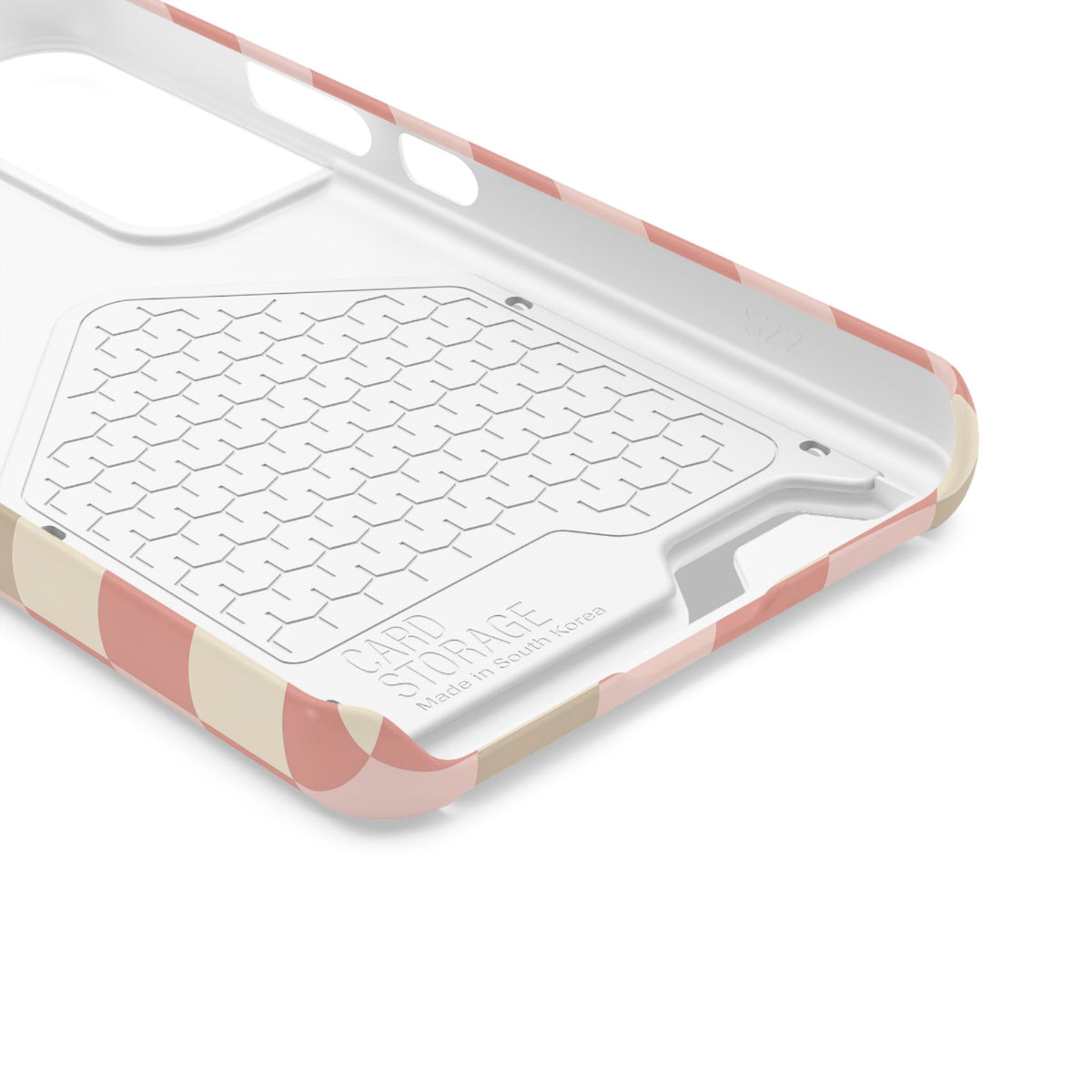 Coral checkered phone case with card holder, side view