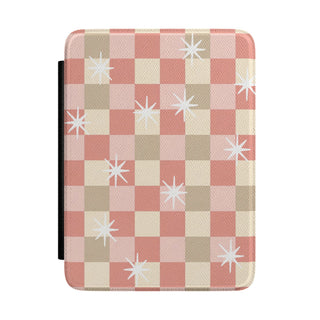 Coral checkered Kindle case with white starbursts