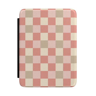 Coral checkered Kindle case in pink, cream and sand