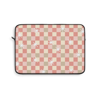Coral checkered laptop sleeve with white starbursts