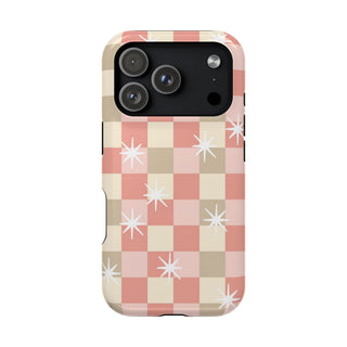 Coral checkered MagSafe phone case with white starbursts, back view