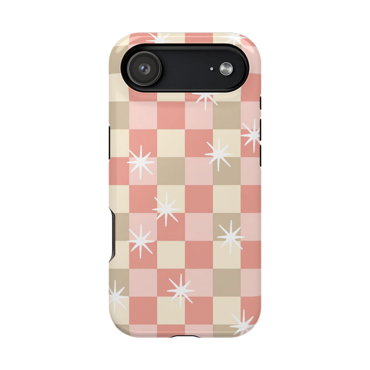 Coral, pink, cream and sand checkerboard MagSafe iPhone case