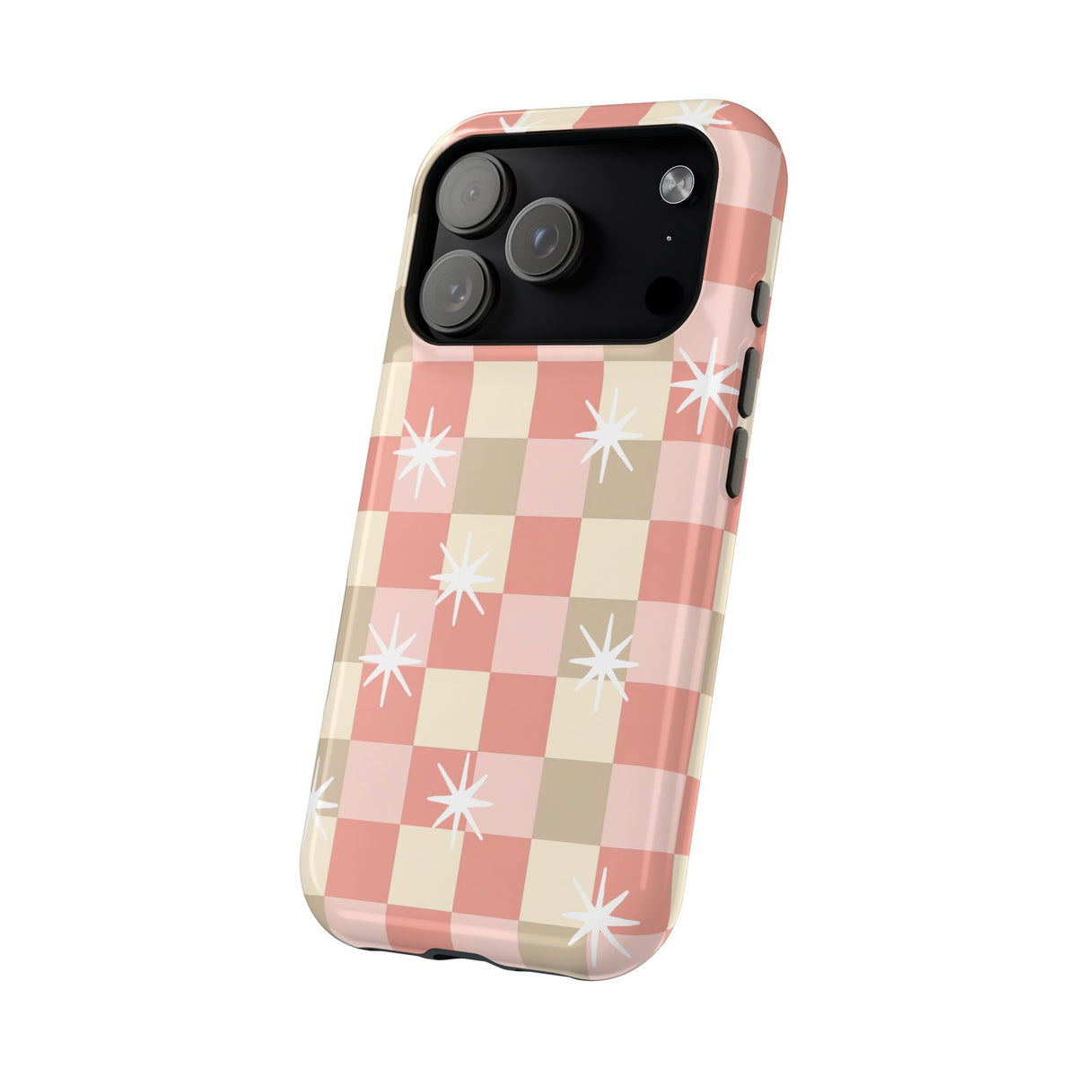 Pink checkered MagSafe phone case with stars