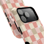 Coral checkered MagSafe phone case, angled view