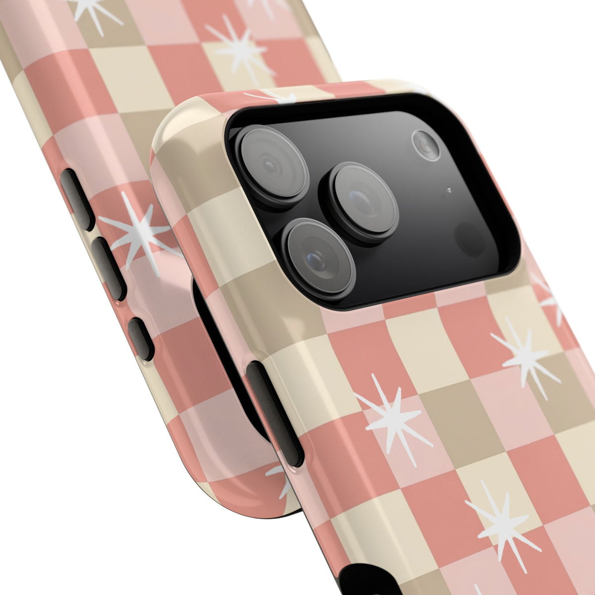 Coral checkered MagSafe phone case, angled view