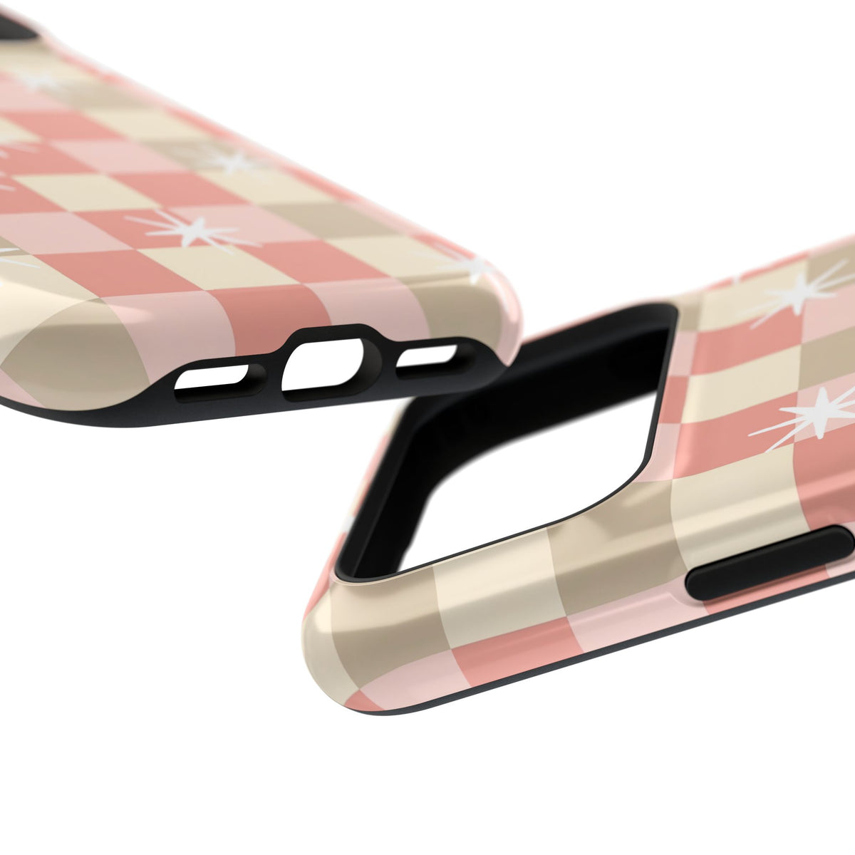 Checkerboard MagSafe phone case with white starbursts