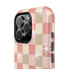 Coral checkered MagSafe phone case, lifestyle view