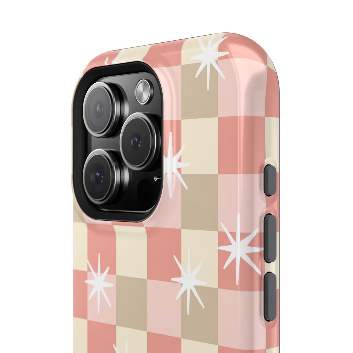 Coral checkered MagSafe phone case, lifestyle view