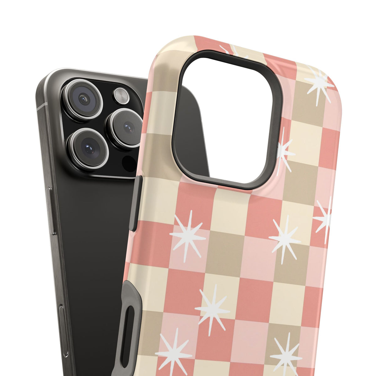 Coral checkered MagSafe phone case in hand