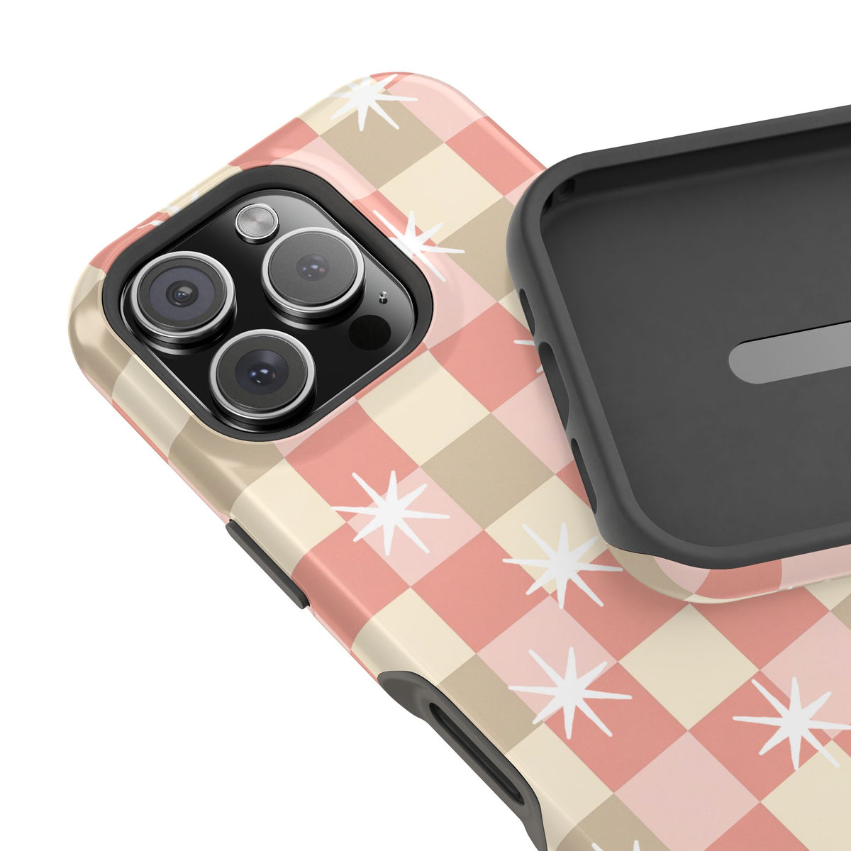 Coral and cream checkered MagSafe phone case with stars