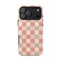 Coral checkered tough phone case in pink, cream and sand