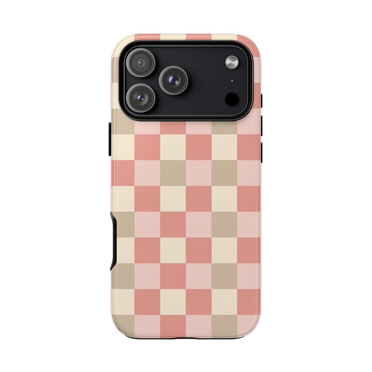 Coral checkered tough phone case in pink, cream and sand