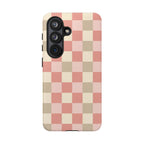 Coral checkered tough phone case, back view