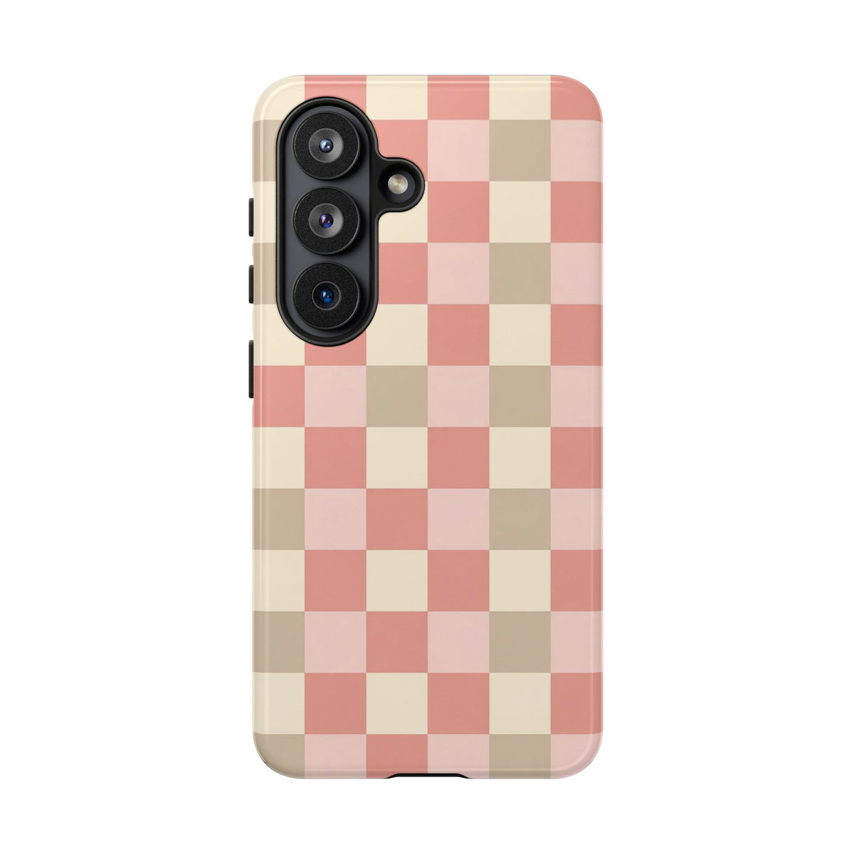 Coral checkered tough phone case, back view