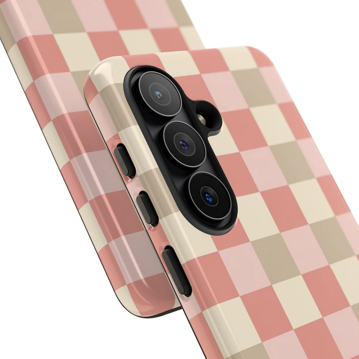 Coral checkered tough phone case, detail of the print