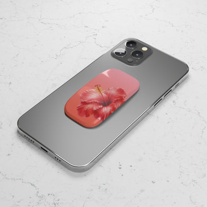 Coral hibiscus phone grip used as a kickstand