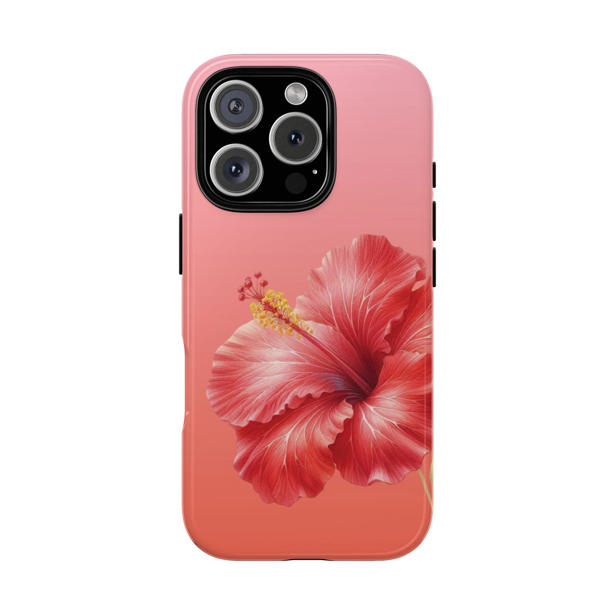 Hibiscus tough phone case in coral and pink held in hand