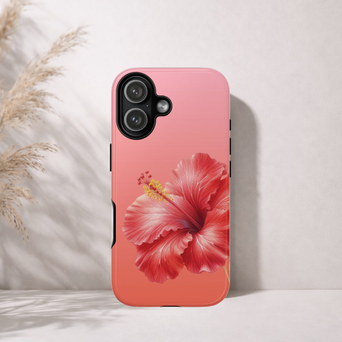 Coral hibiscus tough phone case print detail