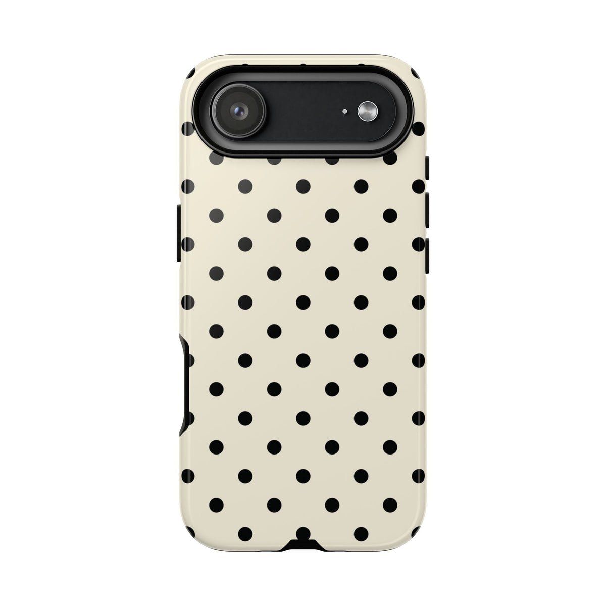 Polka dot tough phone case with black dots on cream