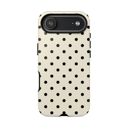 Polka dot tough phone case with black dots on cream
