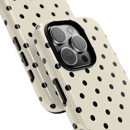 Cream polka dot tough phone case seen from the side
