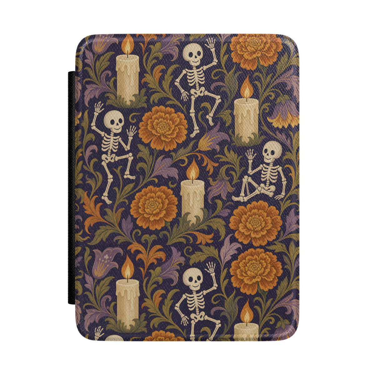 Dancing skeleton Kindle case with candles and orange marigolds on midnight purple