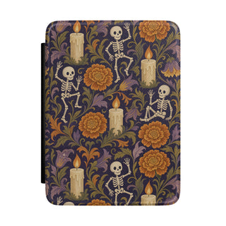 Dancing skeleton Kindle case with candles and orange marigolds on midnight purple