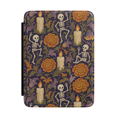 Dancing skeleton Kindle case with candles and orange marigolds on midnight purple