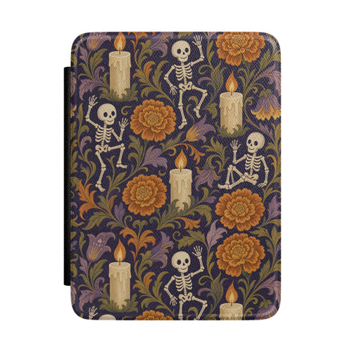 Dancing skeleton Kindle case with candles and orange marigolds on midnight purple