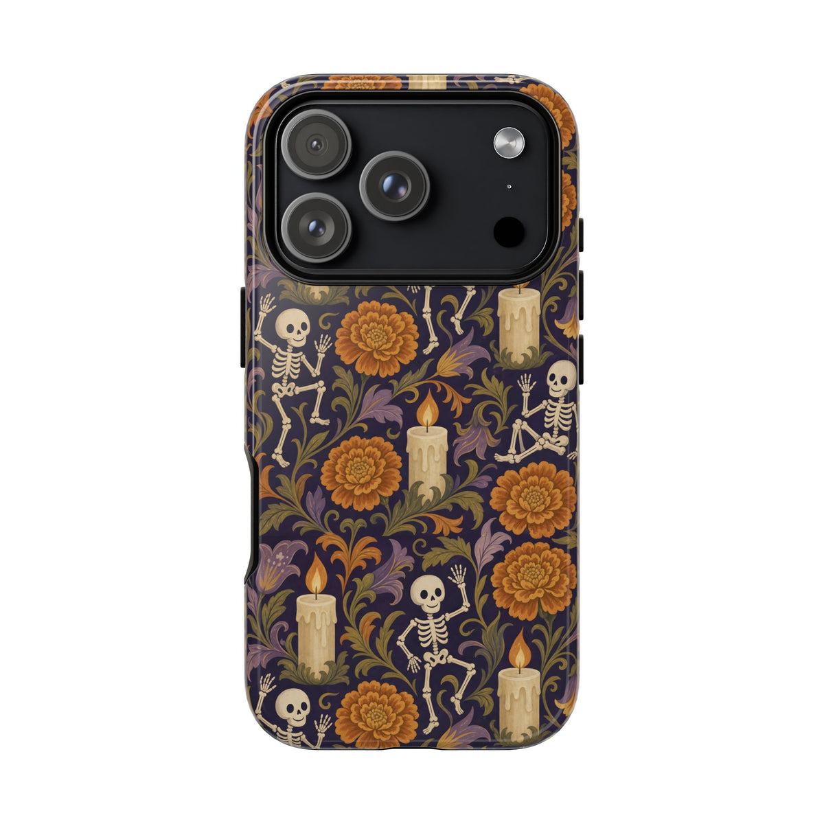 Dancing skeleton tough phone case with candles and orange marigolds on midnight purple
